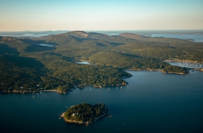 Mount Desert Island is seen from the sky during a flight tour of the island. Scenic Flights of Acadia led the tour with their Cessna 172 Skyhawk on August 23, 2018. Photo by Will Newton/Friends of Acadia/NPS