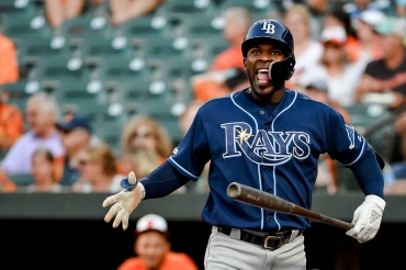 BALTIMORE, MD - JULY 13: Guillermo Heredia #54 of the Tampa Bay Rays reacts after swinging and missing during the third inning against the Baltimore Orioles during game two of a doubleheader at Oriole Park at Camden Yards on July 13, 2019 in Baltimore, Maryland. (Photo by Will Newton/Getty Images)