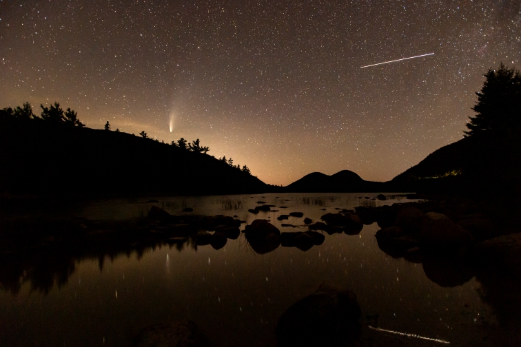 ACADIA NATIONAL PARK, ME - JULY 21: Comet NEOWISE (L) and the International Space Station (R), with five crew members on board, pass over Jordan Pond in Acadia National Park, ME on July 21, 2020. (Photo by Will Newton/Friends of Acadia)